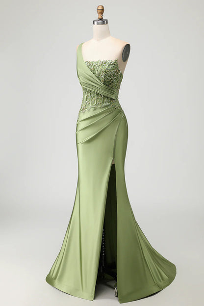 Wonderful Prom Dress Sparkly Green Mermaid One Shoulder Sleeveless Beading Lace Applique Pleated with Slit Backless Bargain Long Wedding Guest Dress