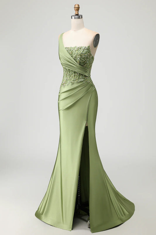 Wonderful Prom Dress Sparkly Green Mermaid One Shoulder Sleeveless Beading Lace Applique Pleated with Slit Backless Bargain Long Wedding Guest Dress