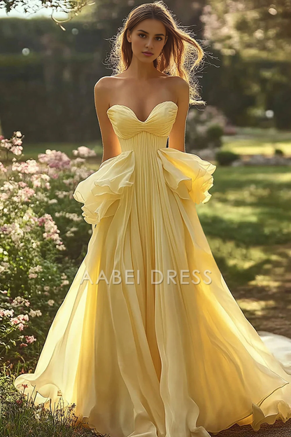 AABEI DRESS Hot Sale Prom Dress A Line Off Shoulder Sweetheart Chiffon Long Ruffles Fantastic Formal Dress