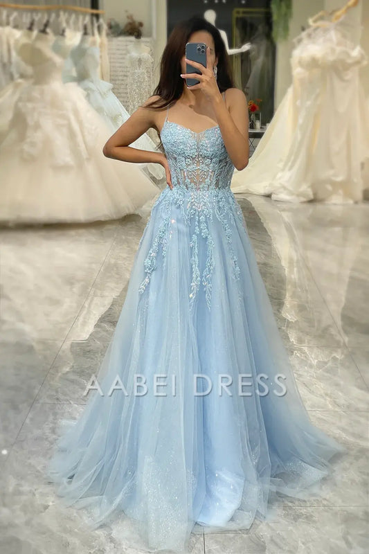 AABEI DRESS Prom Dress A Line Spaghetti Straps Tulle Long Appliques Fashion Charming Dress