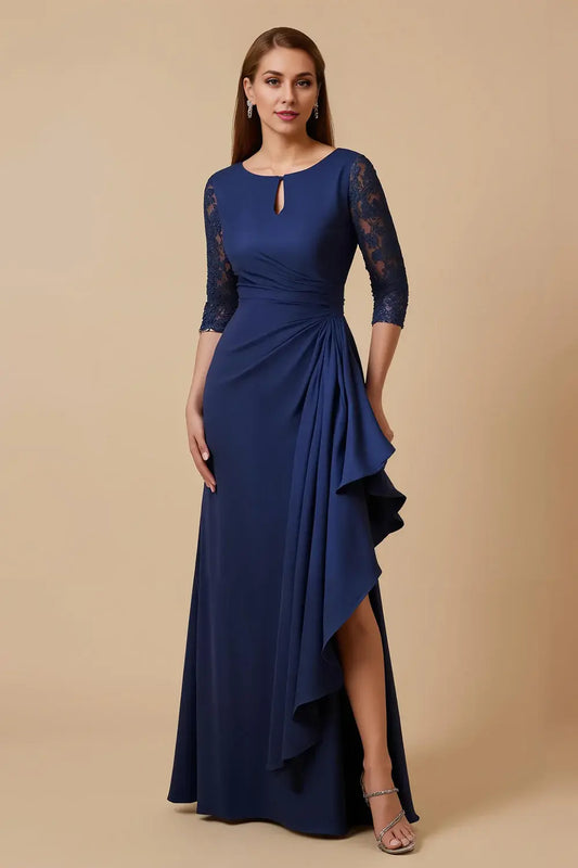 Wedding Guest Dress Elegant Navy Sheath Round Neck Keyhole Lace 3/4 Long Sleeve Tiers Ruched Hot Sale Long Mother of the Bride Dress