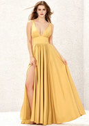 Gold A-line Deep V Neck Sleeveless Ruched Backless With Split Affordable Floor-Length Bridesmaid Dress