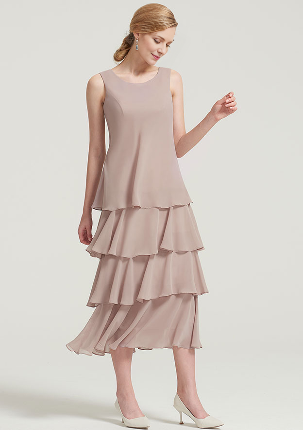 Fashion Wedding Guest Dresses Chiffon A-line Scoop Neck Sleeveless With Long Sleeves Jacket Lace Appliqued Layered Ruffles Tea-Length Bargain Mother of the Bride Dress
