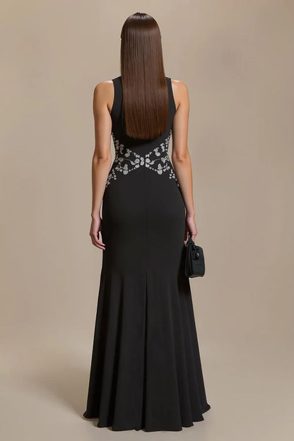 Wedding Guest Dress Black Sheath Round Neck Sleeveless with Appliques Elegant Long Mother of the Bride Dress