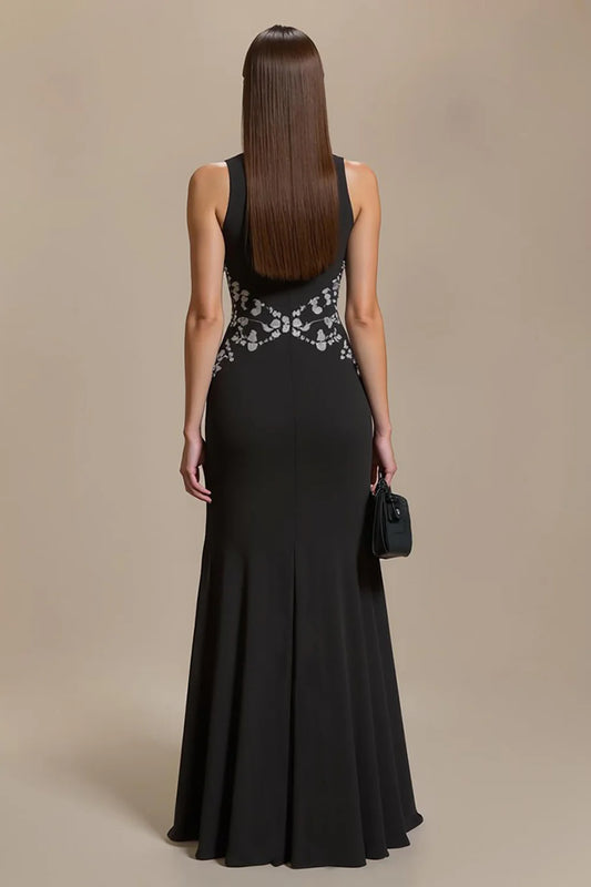Wedding Guest Dress Black Sheath Round Neck Sleeveless with Appliques Elegant Long Mother of the Bride Dress