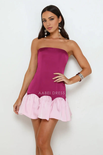 Sheath Strapless Sleeveless Color Blocking Ruffled Simple Elegant Party Dress Hot Sale Homecoming Dress