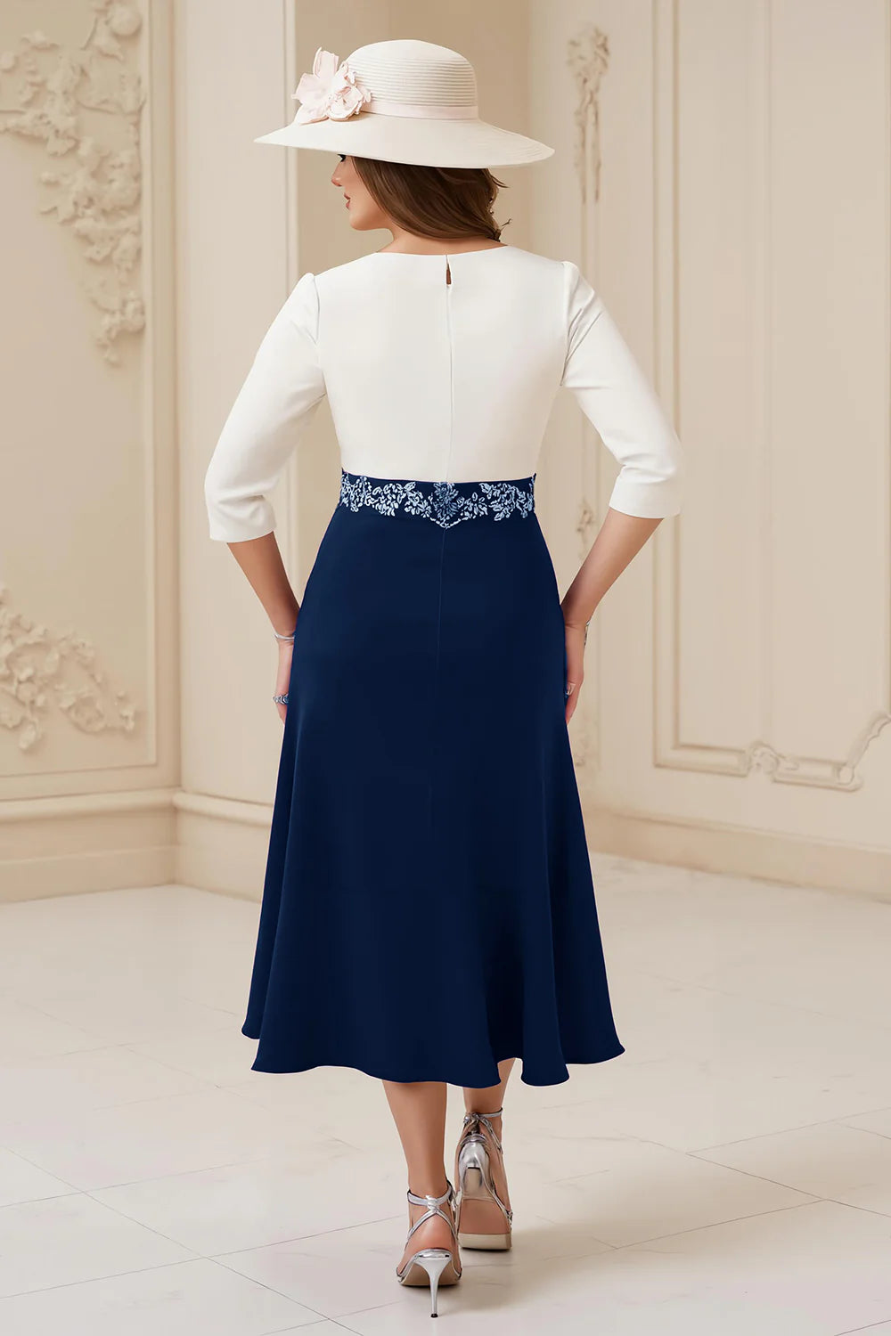 Navy and White A Line Boat Neck 3/4 Long Sleeve Waist with Lace Appliques Exquisite Midi Wedding Guest Dress For Women Hot Sale Mother of the Bride Dress