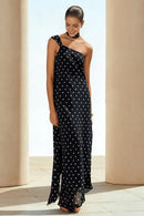 Chic Prom Dress Black White Polka Dots Sheath/Column One Shoulder Sleeveless Backless Bargain Long Wedding Guest Dress