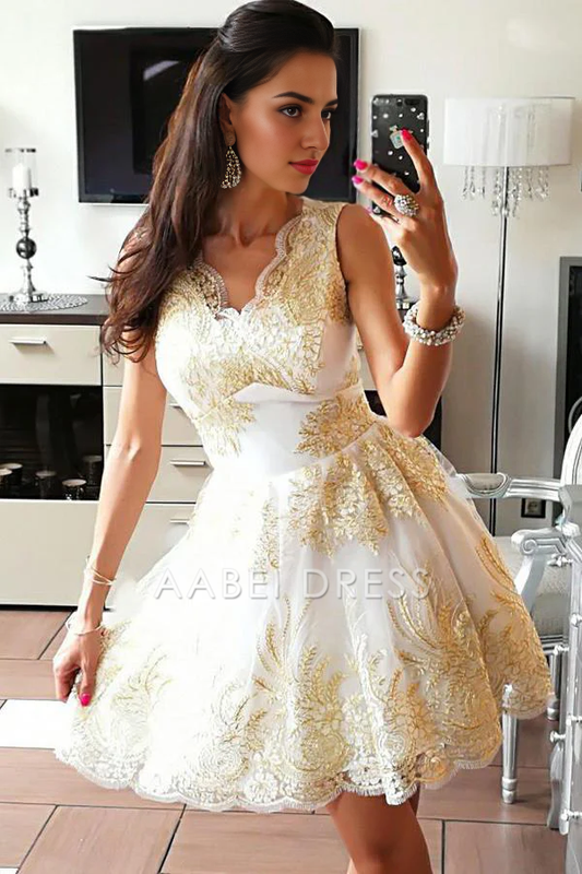 AABEI DRESS New Homecoming Dress A-Line Cute V-Neck Sleeveless Tulle Exquisite Appliques Short Prom Dress