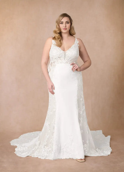 White Mermaid V-Neck Sleeveless Sequins Lace Applique Backless Elegant Plus Size Hot Sale Wedding Dress