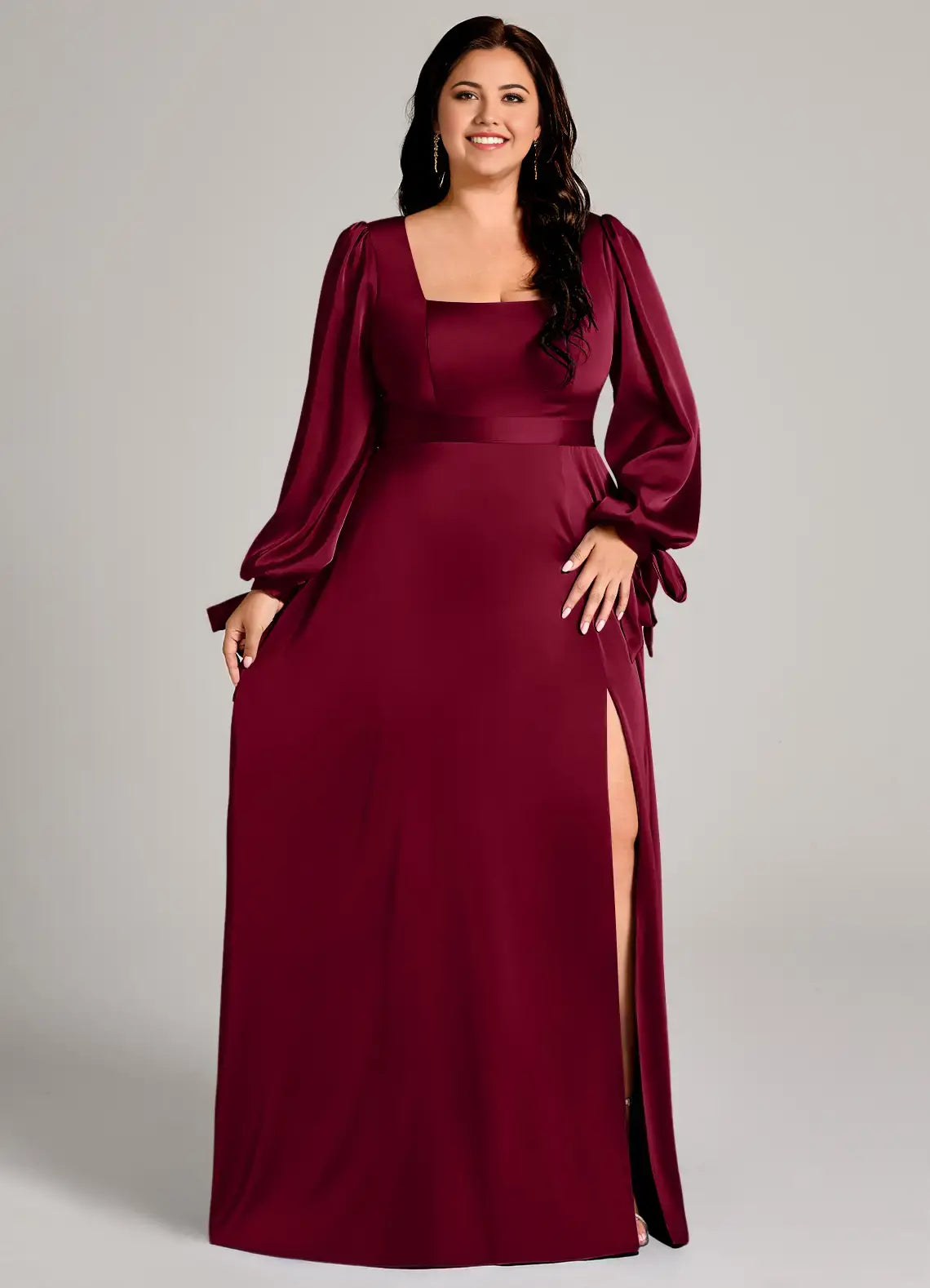 Wedding Guests Dresses Burgundy Minimalist A-Line Square Neck Long Sleeve Side Fork Plus Size Formal Dress Discount Hot Sale Prom Dress