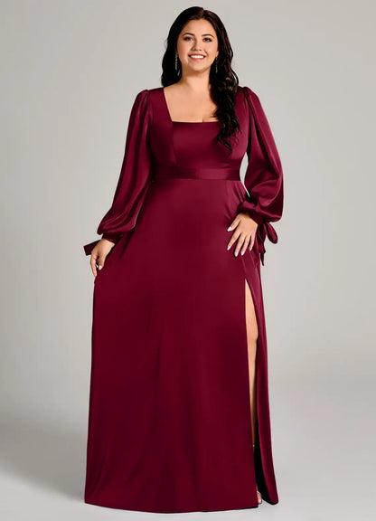 Wedding Guests Dresses Burgundy Minimalist A-Line Square Neck Long Sleeve Side Fork Plus Size Formal Dress Discount Hot Sale Prom Dress