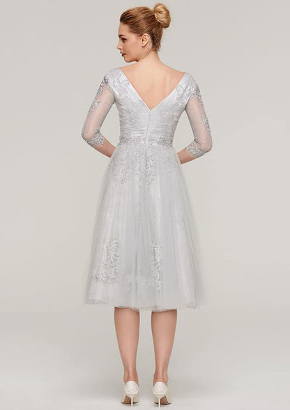 Exquisite Wedding Guest Dresses Light Grey Tulle A-line V Neck 3/4 Sleeve Lace Appliqued With Waistband Tea-Length Bargain Mother of the Bride Dress