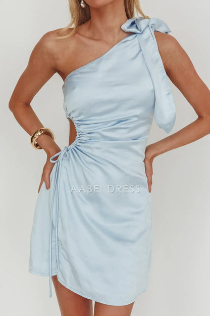 Light Blue Single Shoulder Bow Tie Lace up Hollow out Pleated Slim Fit Elegant Mini Dress Hot Sale Homecoming Dress