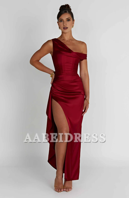 Formal Wear Dresses Prom Dresses Asymmetric straps Ruched Thigh High Slit Charming Dresses Wedding Guests Dresses