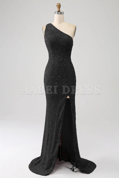 Prom Dress Charming Mermaid One Shoulder Sparkly Sequins Slit Backless Unique Luxury Formal Wear Dresses