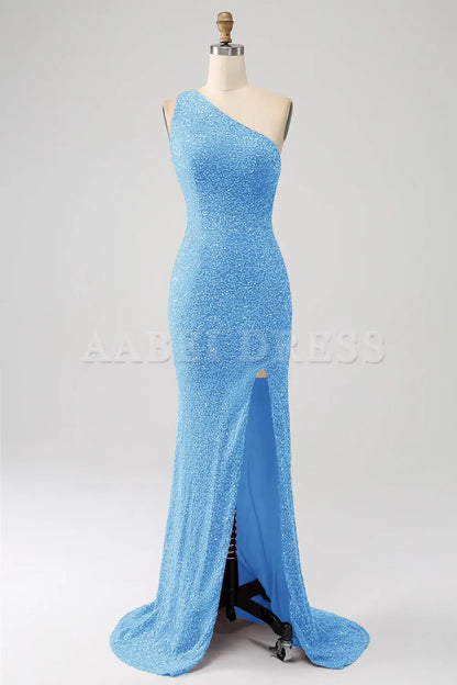 Prom Dress Charming Mermaid One Shoulder Sparkly Sequins Slit Backless Unique Luxury Formal Wear Dresses