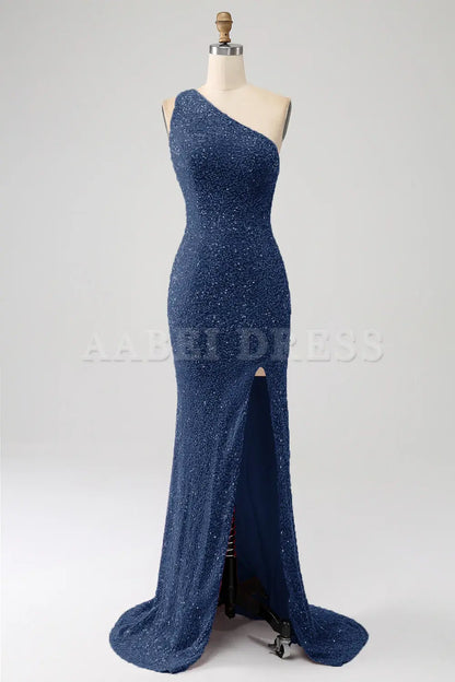 Prom Dress Charming Mermaid One Shoulder Sparkly Sequins Slit Backless Unique Luxury Formal Wear Dresses