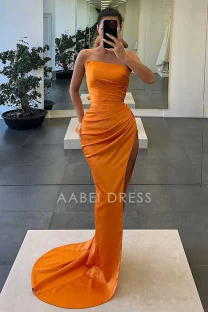 AABEI DRESS Hot Sale Prom Dress Stylish Mermaid Strapless Long Pleated Satin with Slit Charming Formal Dress