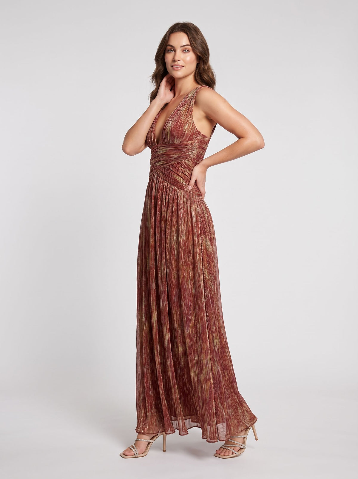 Rust Glitter Pleated Fabric A-Line Plunging V-Neck Floor Length Dress