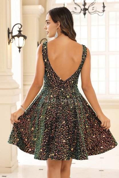 AABEI DRESS Short Dress Charming Sequins A-Line V-Neck Sleeveless Backless Ruffles Knee-Length Sparkle New Homecoming Dress