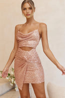Sparkle Sheath Spaghetti Strap Cowl Neckline Twist Feature Hollow-Out Sequin Pink Sexy Mini Dress Hot Sale Homecoming Dress