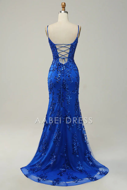 AABEI DRESS Hot Sale Prom Dress Exquisite Sheath Spaghetti Straps Side Fork Appliques Sparkle Long Party Dress
