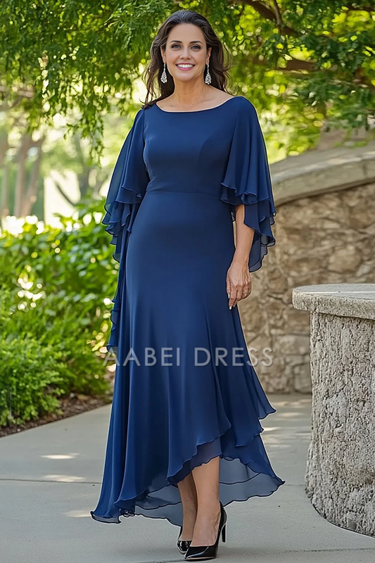 AABEI DRESS Mother Of The Bride Dress Elegant Mermaid Ruffle Flowy 3/4 Sleeves Chiffon Long Formal Wear Dresse