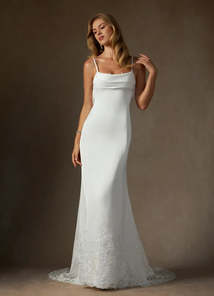 Exquisite Sheath Spaghetti Strap Cowl Sleeveless Lace Applique Backless Fashion Hot Sale Wedding Dress