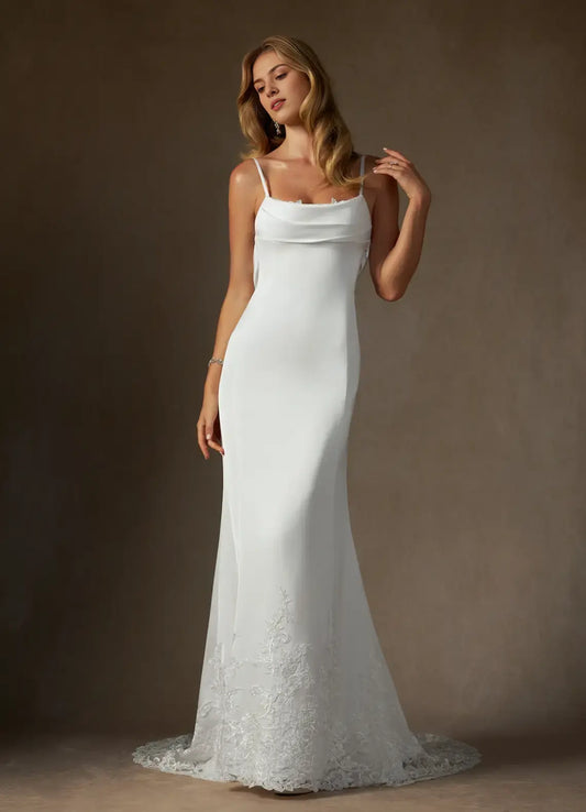 Exquisite Sheath Spaghetti Strap Cowl Sleeveless Lace Applique Backless Fashion Hot Sale Wedding Dress