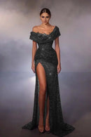 Sparkle Sequin Formal Women's Dresses Glamorous Mermaid Off-The-Shoulder Sleeveless Pleated With High Slit Floor Length Affordable Prom Dress