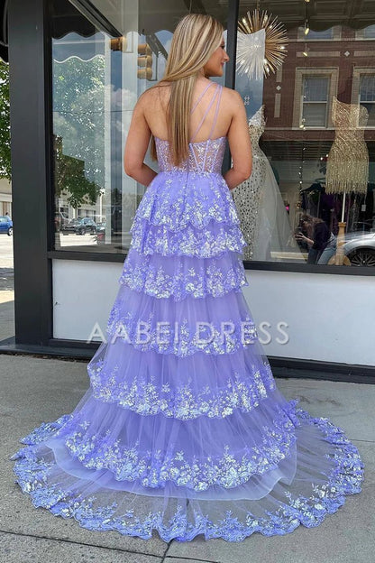 AABEI DRESS Prom Dress Mermaid One Shoulder Tulle Tiered Sequins Appliques High Quality Formal Dress