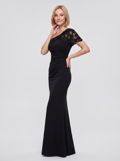Black Stretch Knit Sheath/column One Shoulder Back Zip Floor-Length Dress