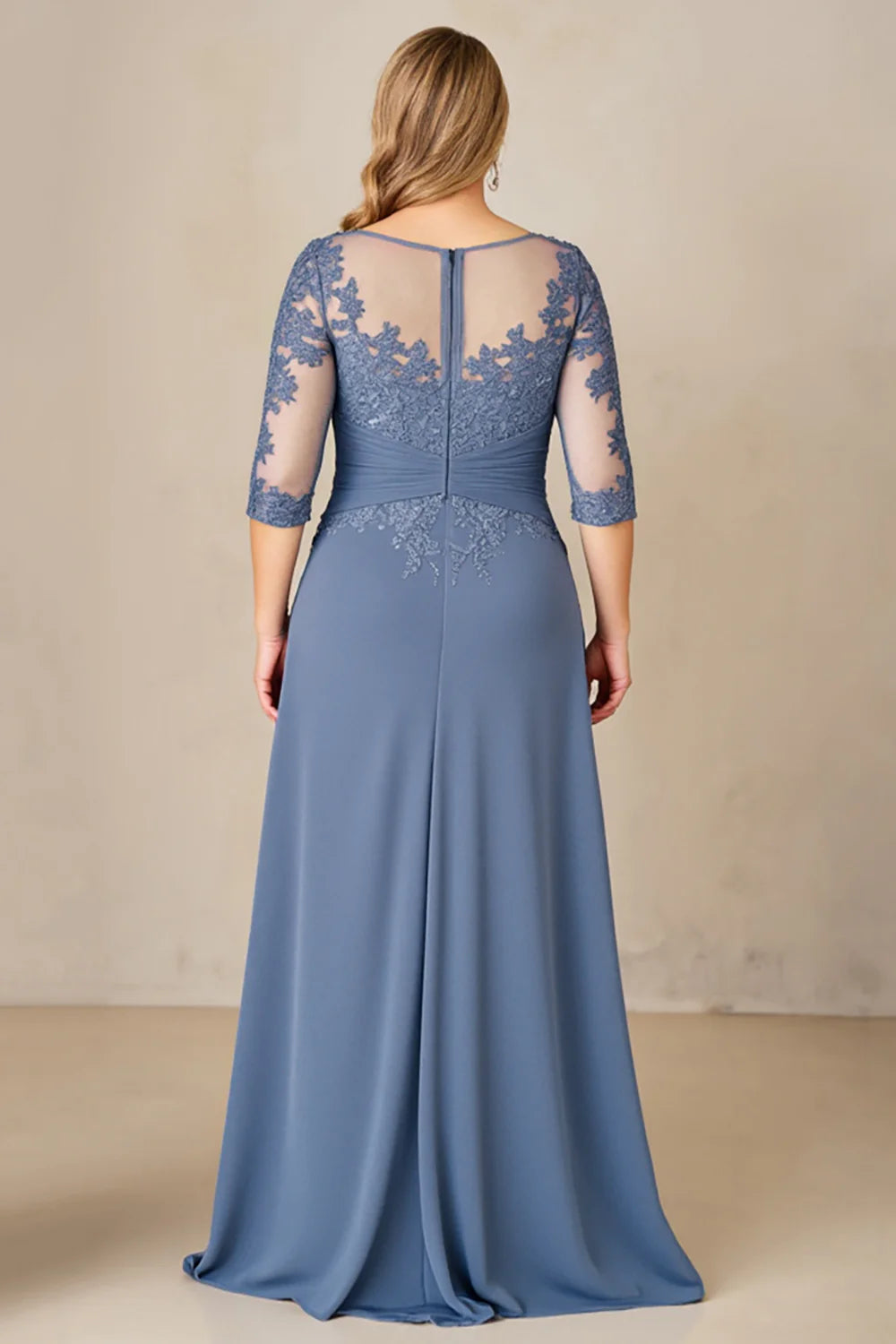 Retro Dusty Blue A Line Round Neck 3/4 Long Sleeve Lace Applique Ruched Hem Plus Size Long Elegant Wedding Guest Dress For Women Hot Sale Mother of the Bride Dress