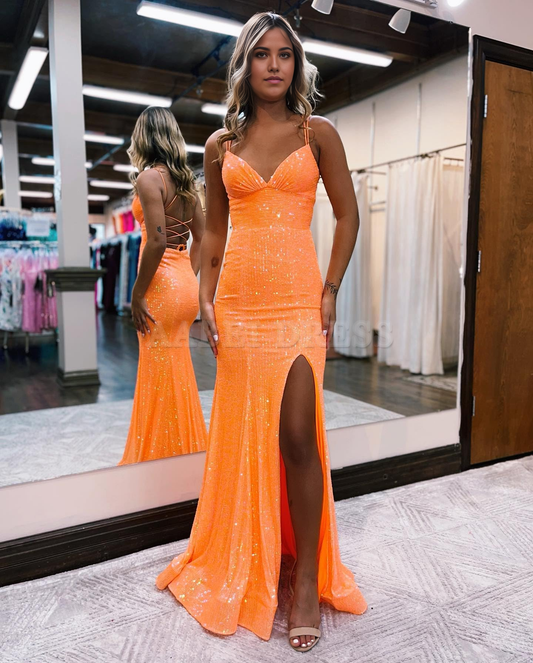 Prom Dress Sequin Spaghetti Straps Satin Long High Slit Backless Bridesmaid Dress Formal Wear Dresses