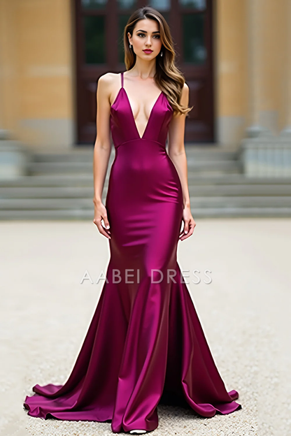 AABEI DRESS Hot Sale Prom Dress Elegant Mermaid Deep V Neck Spaghetti Straps Backless Long Formal Dress