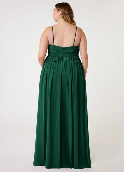 Wedding Guests Dresses Emerald A-Line Spaghetti Strap V Neck Sleeveless Pleated Side Fork Backless Floor-Length Elegant Plus Size Formal Dress Discount Hot Sale Prom Dress