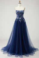 Exquisite Prom Dress Sparkly Navy A-Line Strapless Sequin Applique Sleeveless Ruched Backless Bargain Long Wedding Guest Dress
