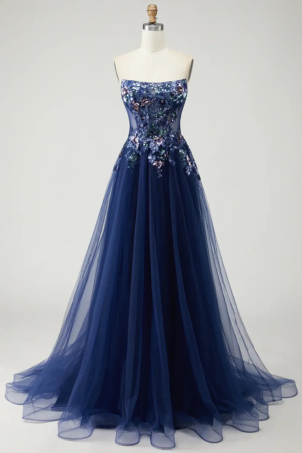 Exquisite Prom Dress Sparkly Navy A-Line Strapless Sequin Applique Sleeveless Ruched Backless Bargain Long Wedding Guest Dress