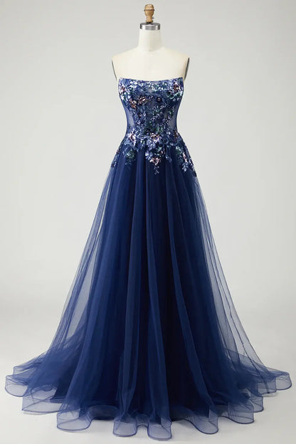 Exquisite Prom Dress Sparkly Navy A-Line Strapless Sequin Applique Sleeveless Ruched Backless Bargain Long Wedding Guest Dress