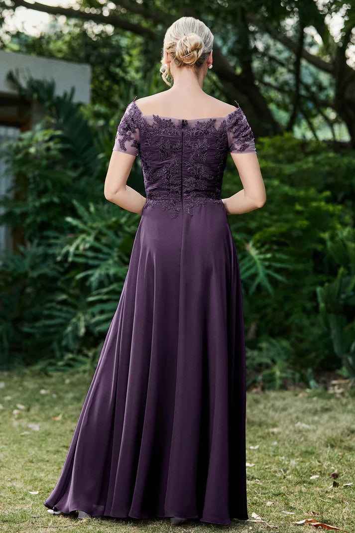 AABEI DRESS Mother of the Bride Dresses Ruched Applique Short Sleeves Chiffon Long Dress Elegant Formal Dress High Quality Wedding Guests Dresses