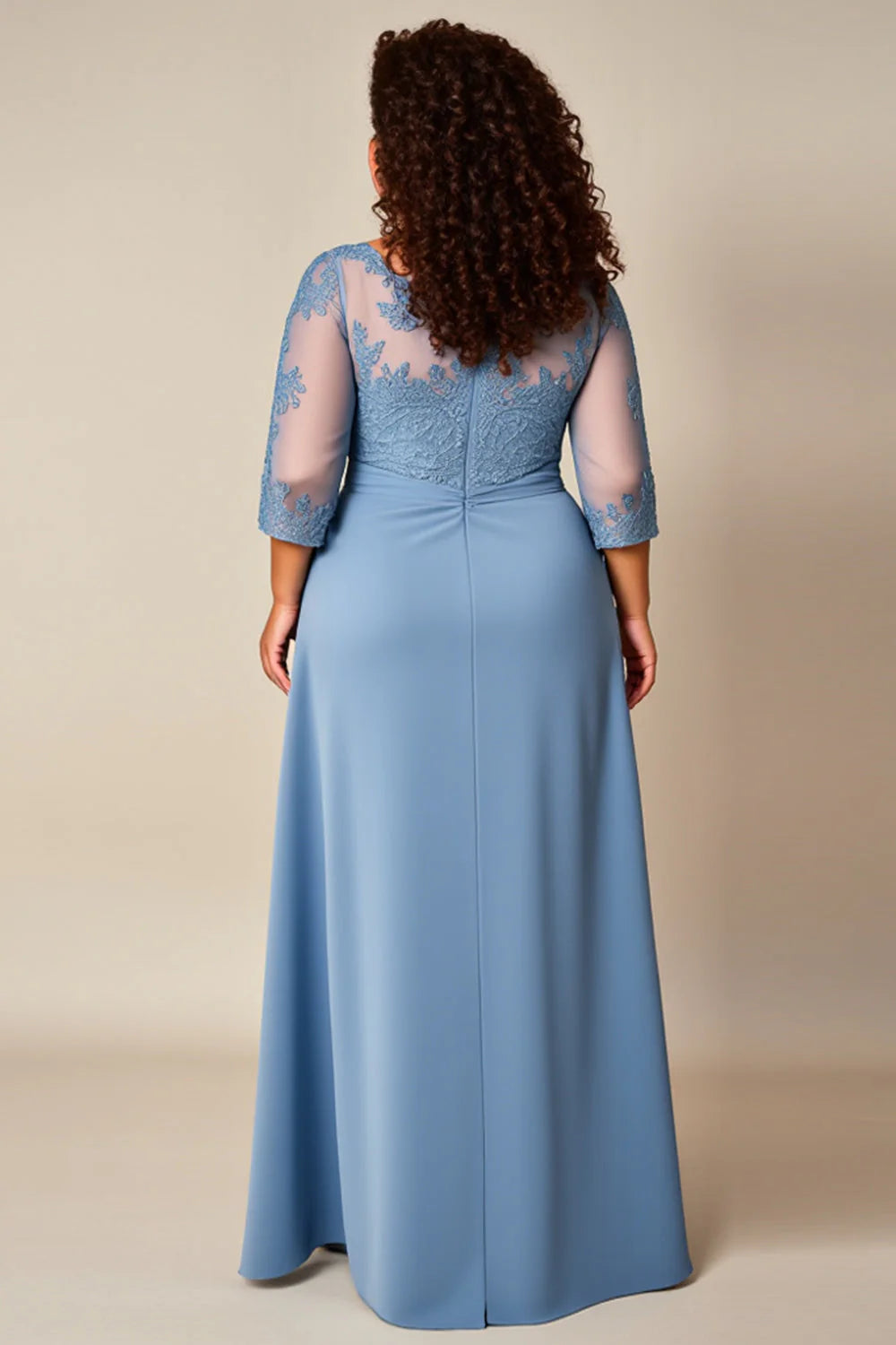 Wedding Guest Dress Dusty Blue A Line Round Neck 3/4 Long Sleeve Appliqued Lace Pleated Plus Size Dress Elegant Long Mother of the Bride Dress