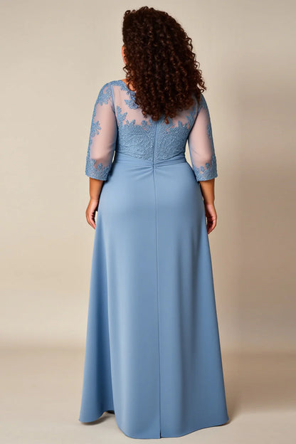 Wedding Guest Dress Dusty Blue A Line Round Neck 3/4 Long Sleeve Appliqued Lace Pleated Plus Size Dress Elegant Long Mother of the Bride Dress