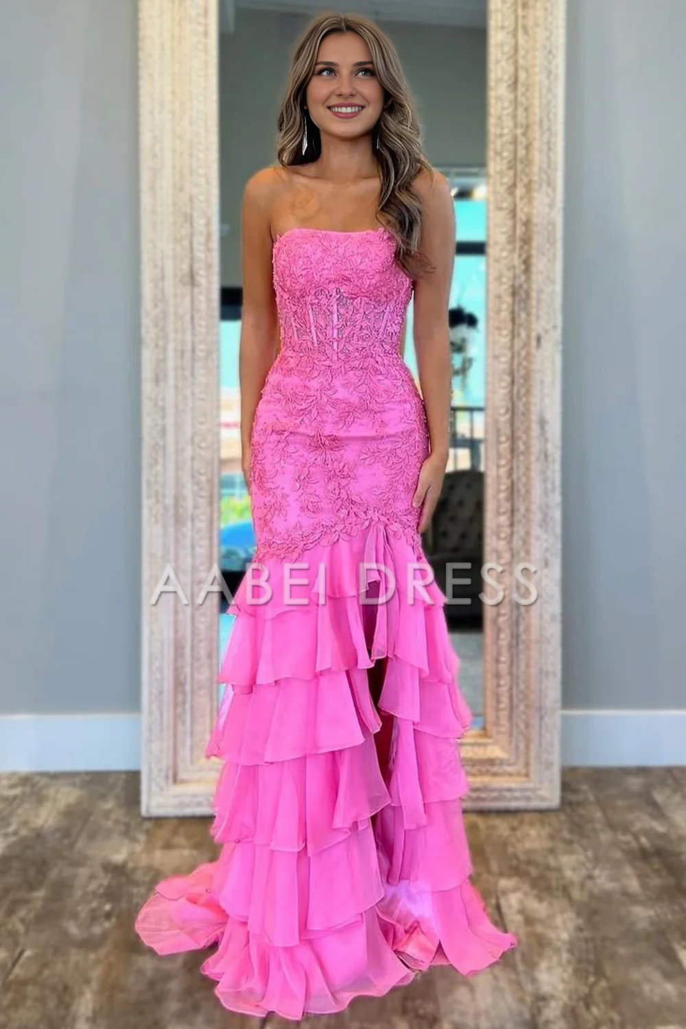 AABEI DRESS Prom Dress Charming Mermaid Strapless Lace Top Long Tiered Side Fork Exquisite Formal Dress
