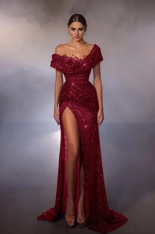 Sparkle Sequin Formal Women's Dresses Glamorous Mermaid Off-The-Shoulder Sleeveless Pleated With High Slit Floor Length Affordable Prom Dress