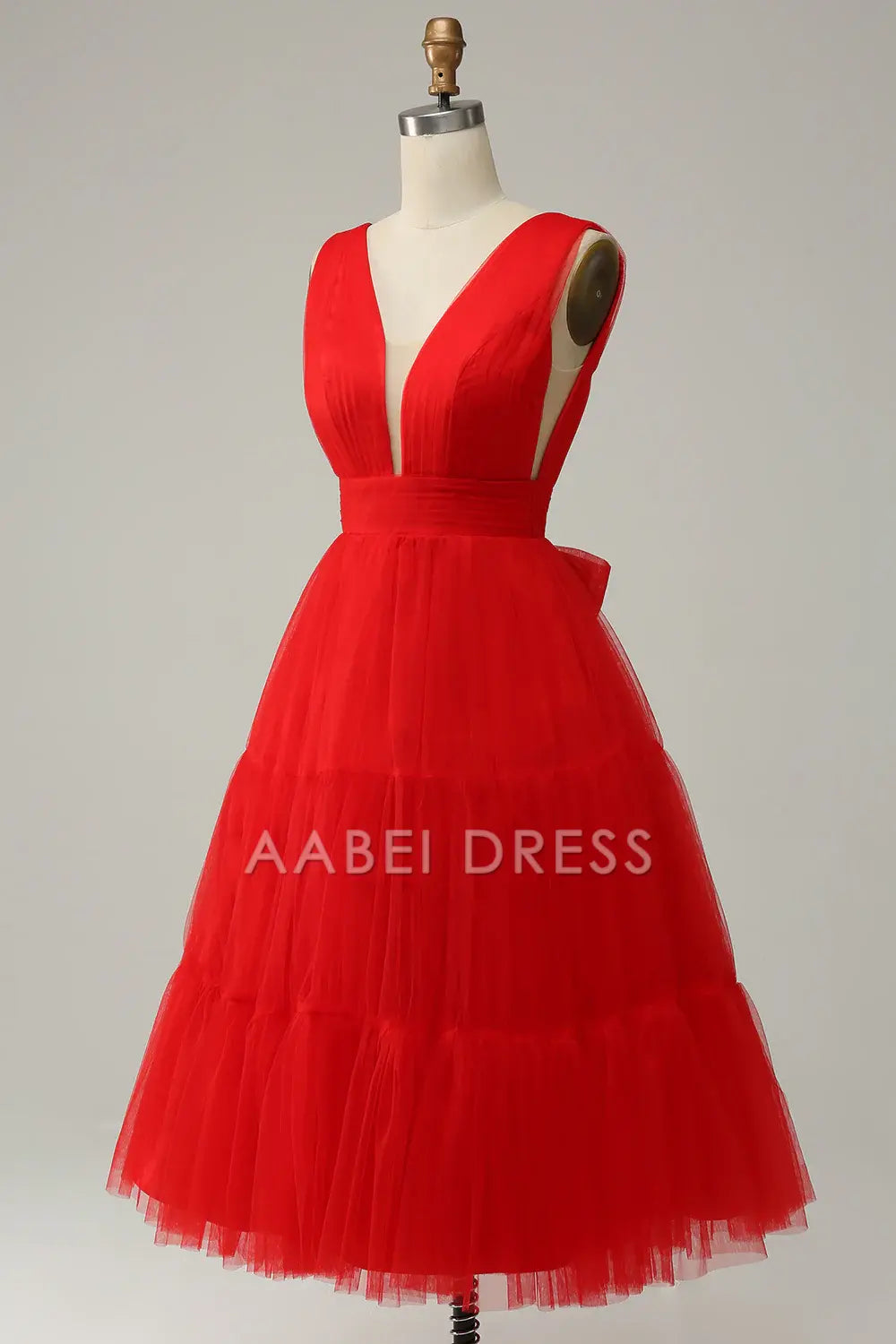 AABEI DRESS Hot Sale Prom Dress Elegant V-Neck Pleated Tulle Tea-Length Backless Formal Dress