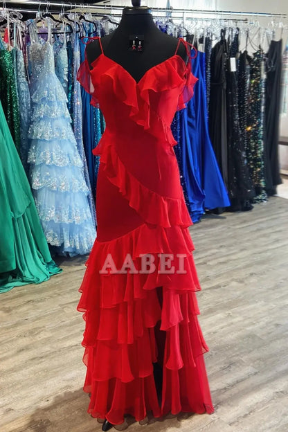 Evening Dress Sweetheart Tie Shoulder Mermaid Ruffle Tiered Long Prom Dress Side Fork Sweep Train Charming Formal Women's Dresses