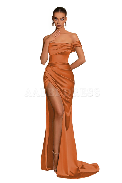 Prom Dress Off The Shoulder Satin for Ruched Bridesmaid Dresses High Slit Corset Evening Gowns Formal Wear Dresses