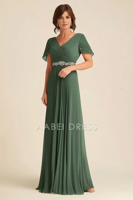 AABEI DRESS Mother Of The Bride Dress Elegant A Line V Neck Ruched Belt Beadwork Retro Formal Wear Dresse