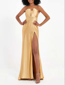 AABEI DRESS Elegant Sheath Strapless Pleated High Slit Long Satin Side Fork Charming Evening Dress